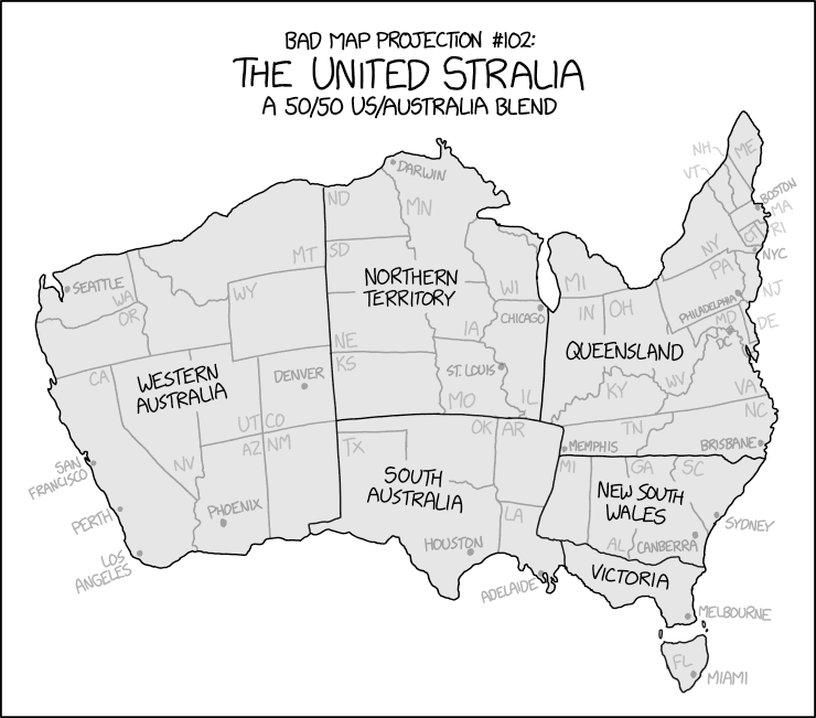 This projection distorts both area and direction, but preserves Melbourne.